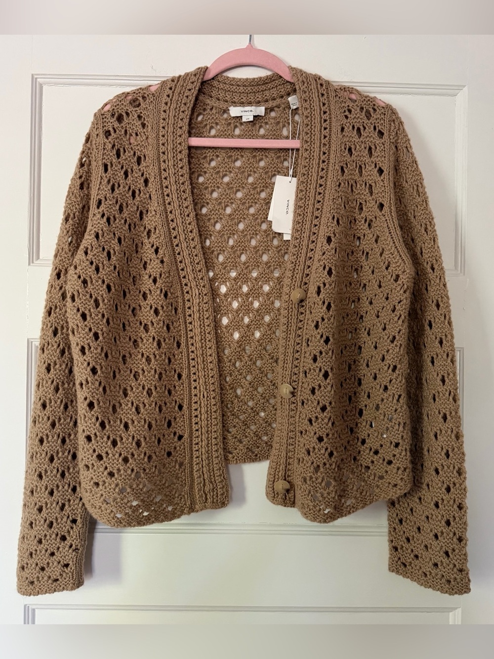 NWT Vince Wool Cashmere Open Knit Crochet Cardigan Sweater Tan Size L